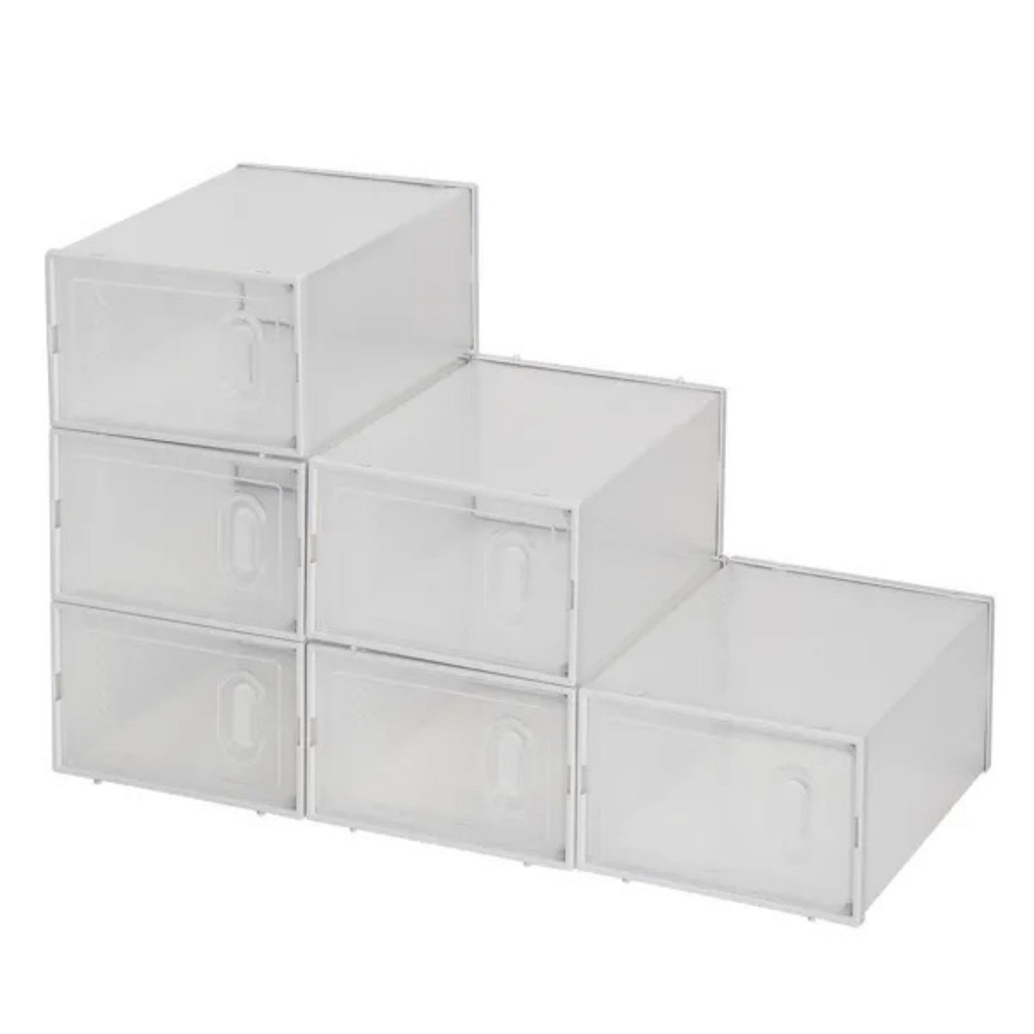 Six pack of clear plastic stackable shoe storage boxes — view 2