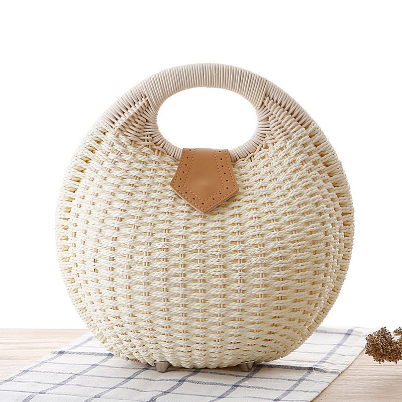 Hand-woven natural rattan handbag with leather handles — view 14