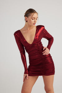 Karly burgundy shiny bodycon mini dress by Holly Lolly — view 5