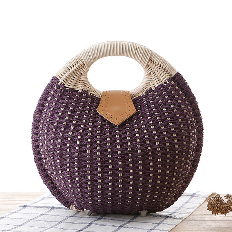 Hand-woven natural rattan handbag with leather handles — view 13