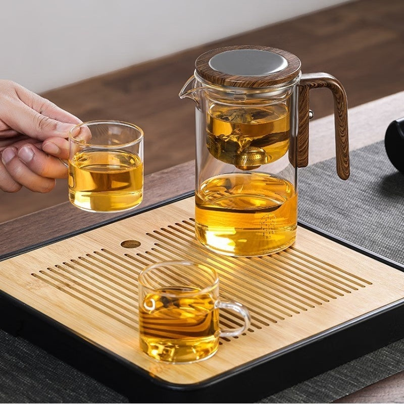 Borosilicate glass teapot with tea-water separation infuser on bamboo tray — view 2