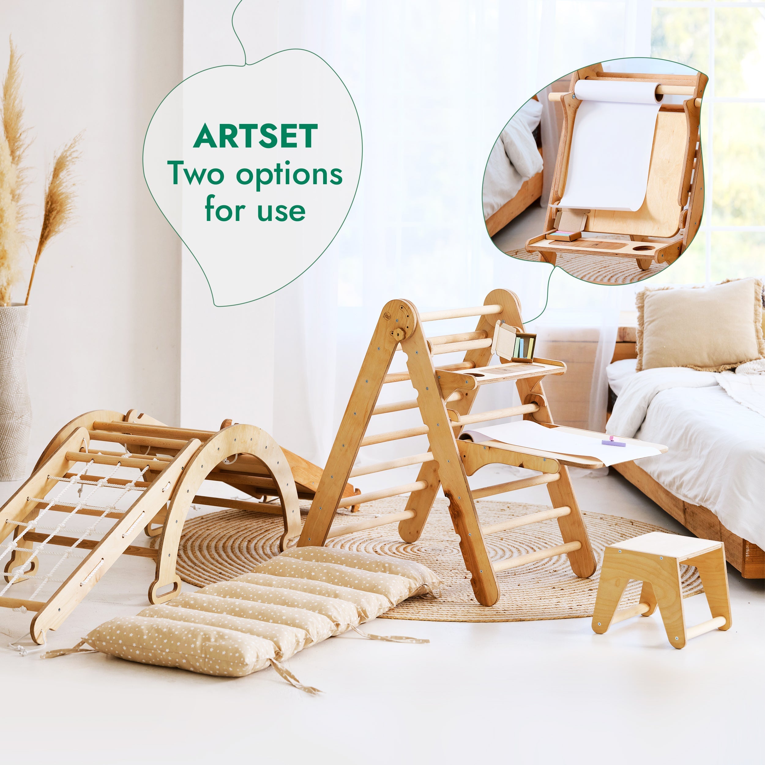 6in1 Montessori Climbing Frame: Pikler Triangle + Climbing Arch + Slide Board + Net + Cushion + Art Addition-2
