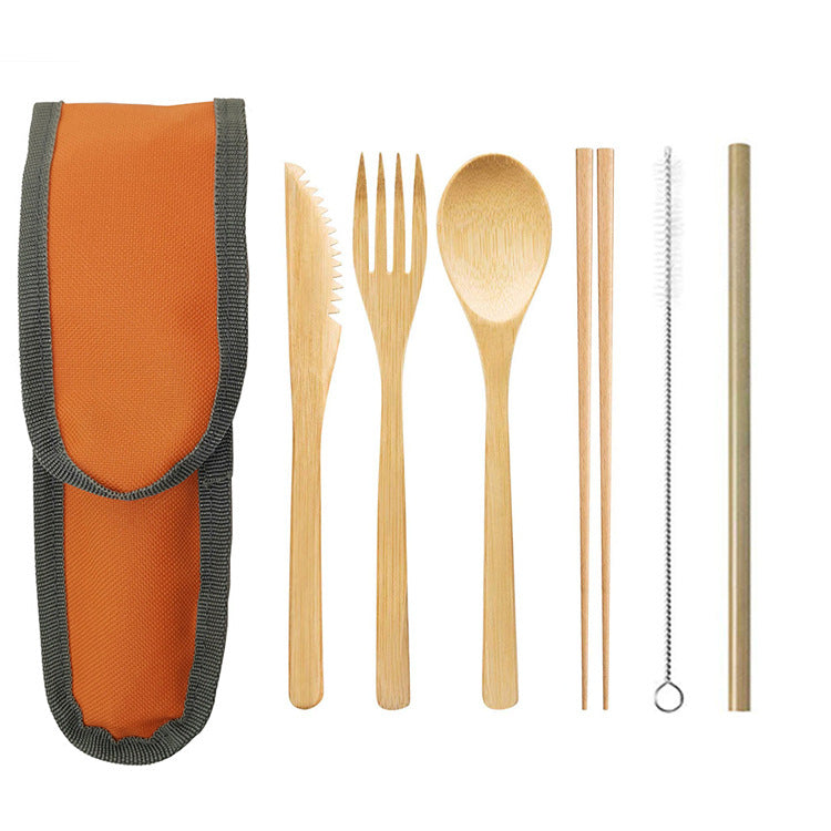 Portable bamboo cutlery travel set with stainless steel straw and canvas pouch — view 10