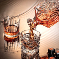 Premium crystal whiskey decanter set with two heavy-base whiskey glasses on wood tray — view 5