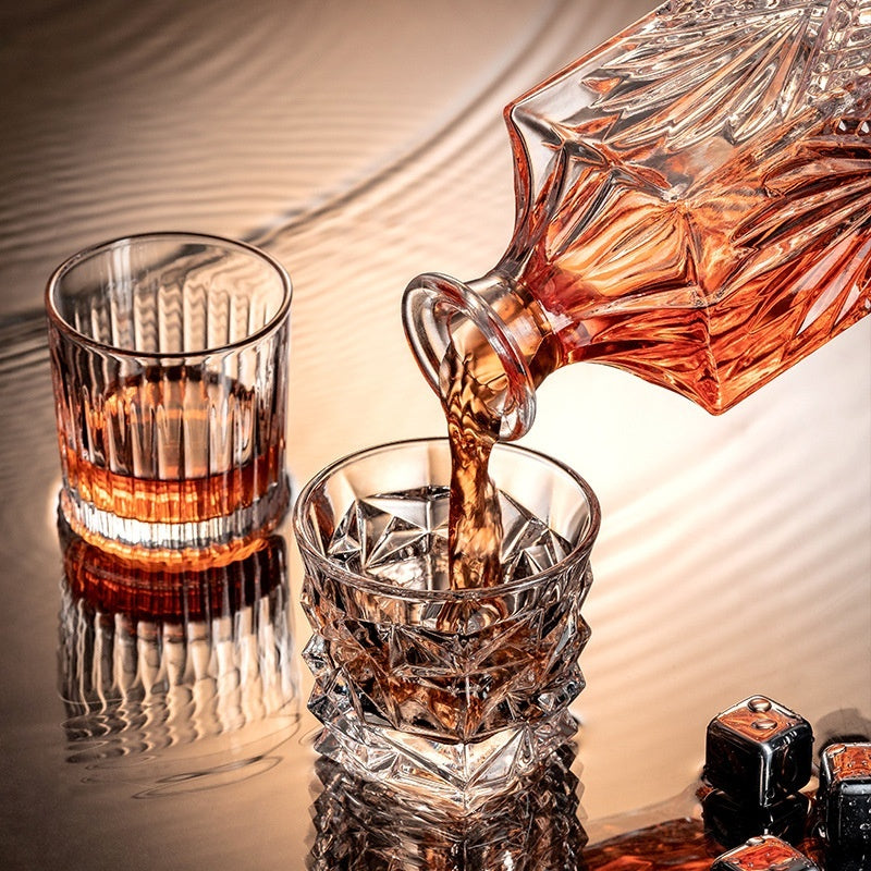 Premium crystal whiskey decanter set with two heavy-base whiskey glasses on wood tray — view 5