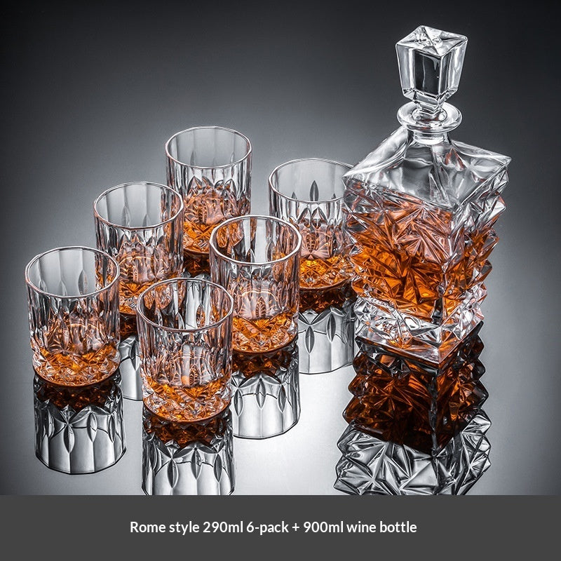 Premium crystal whiskey decanter set with two heavy-base whiskey glasses on wood tray — view 12