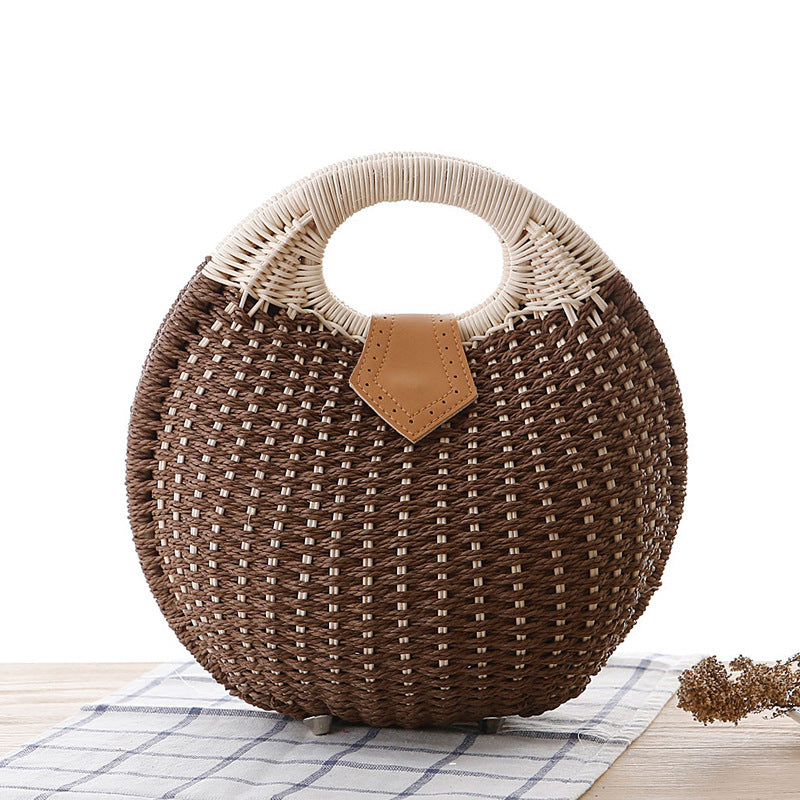Hand-woven natural rattan handbag with leather handles — view 15