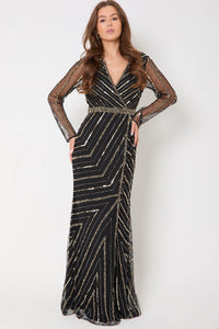 Black and Gold Long Sleeve Embellished Maxi Dress