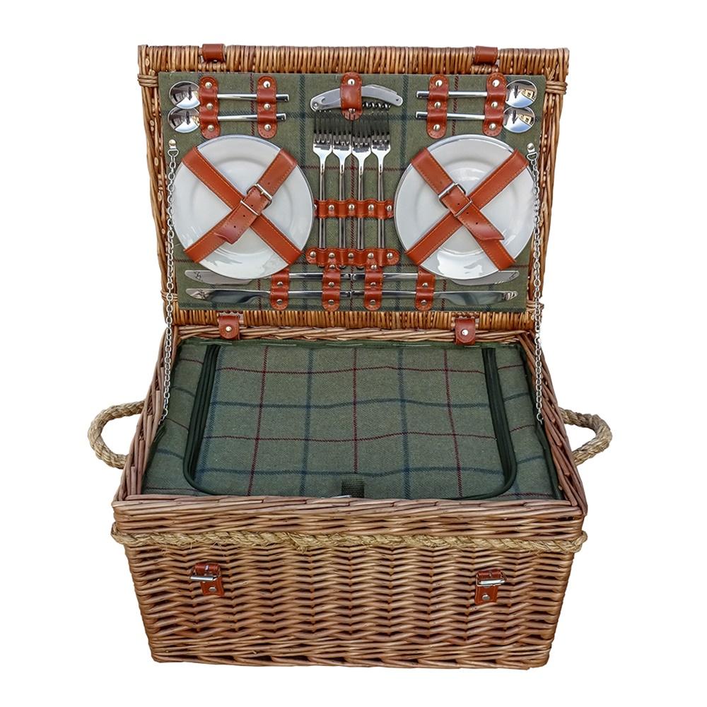 Burghley 4 Person Green Tweed Fitted Wicker Picnic Basket-0