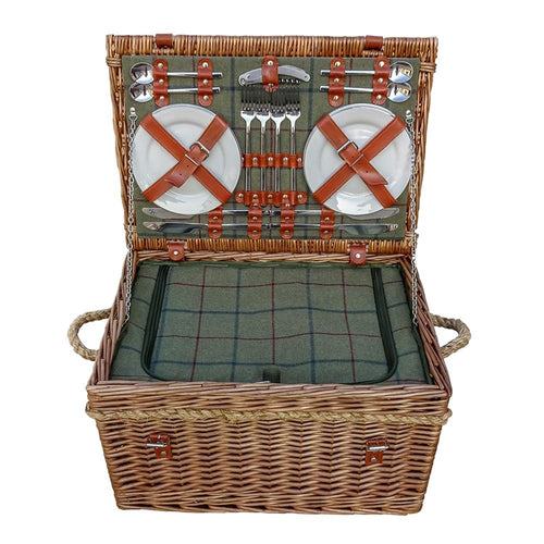Burghley 4 Person Green Tweed Fitted Wicker Picnic Basket-0