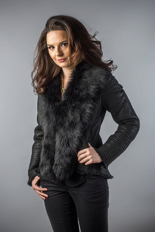 Black lamb nappa leather jacket with merino fur collar by AA Vesa — view 2