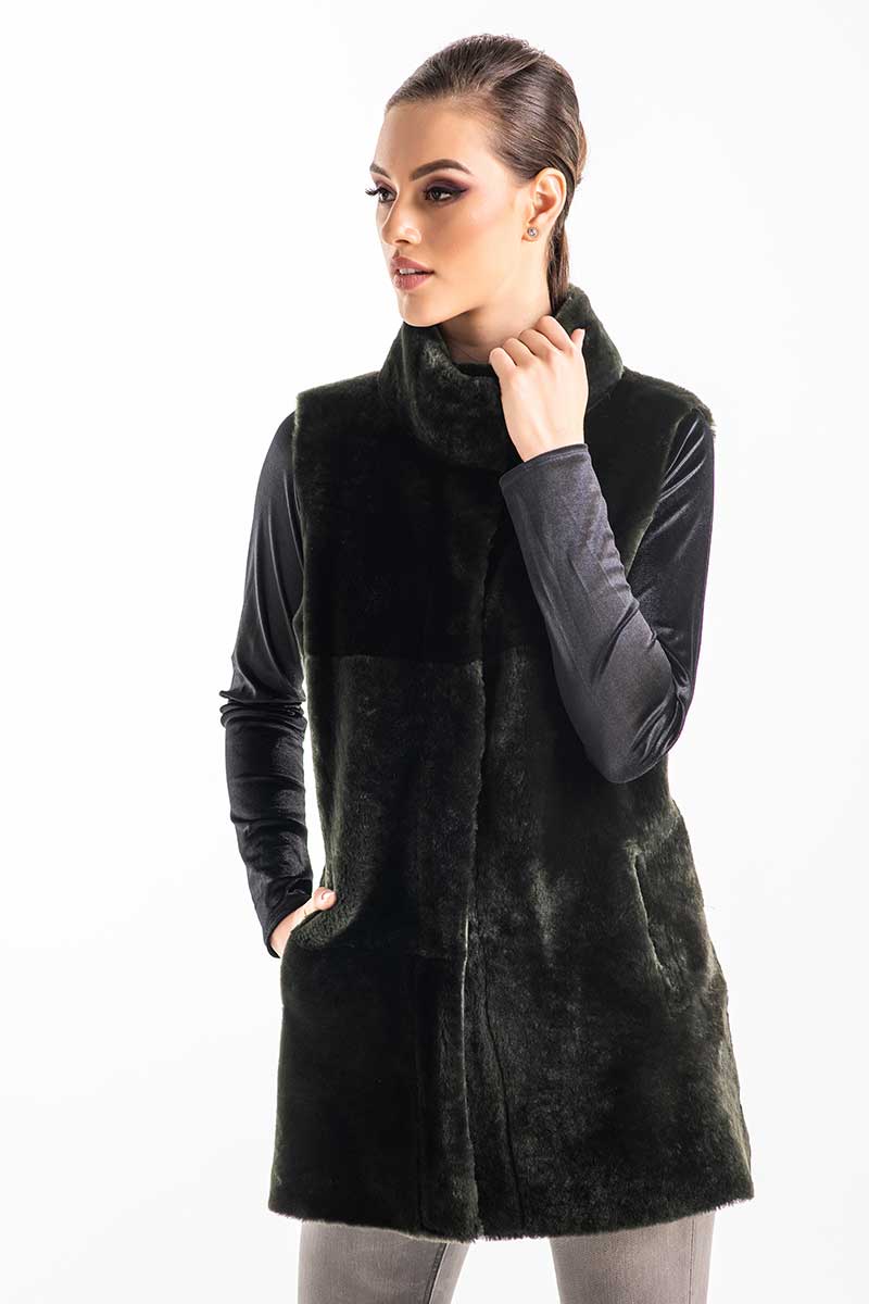 Olive reversible genuine nappa lamb leather mouton fur vest by AA Vesa