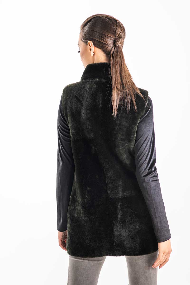 Olive reversible genuine nappa lamb leather mouton fur vest by AA Vesa — view 2