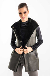 Olive reversible genuine nappa lamb leather mouton fur vest by AA Vesa — view 3