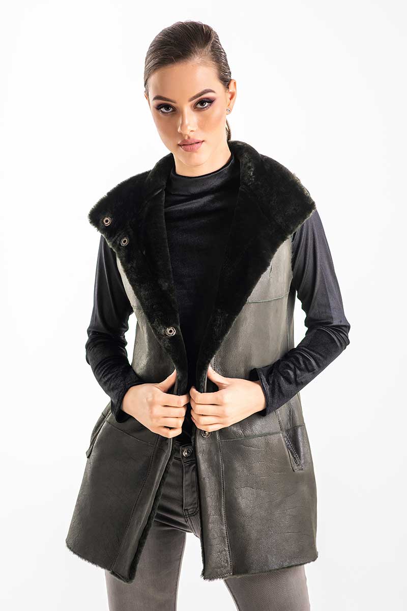 Olive reversible genuine nappa lamb leather mouton fur vest by AA Vesa — view 3