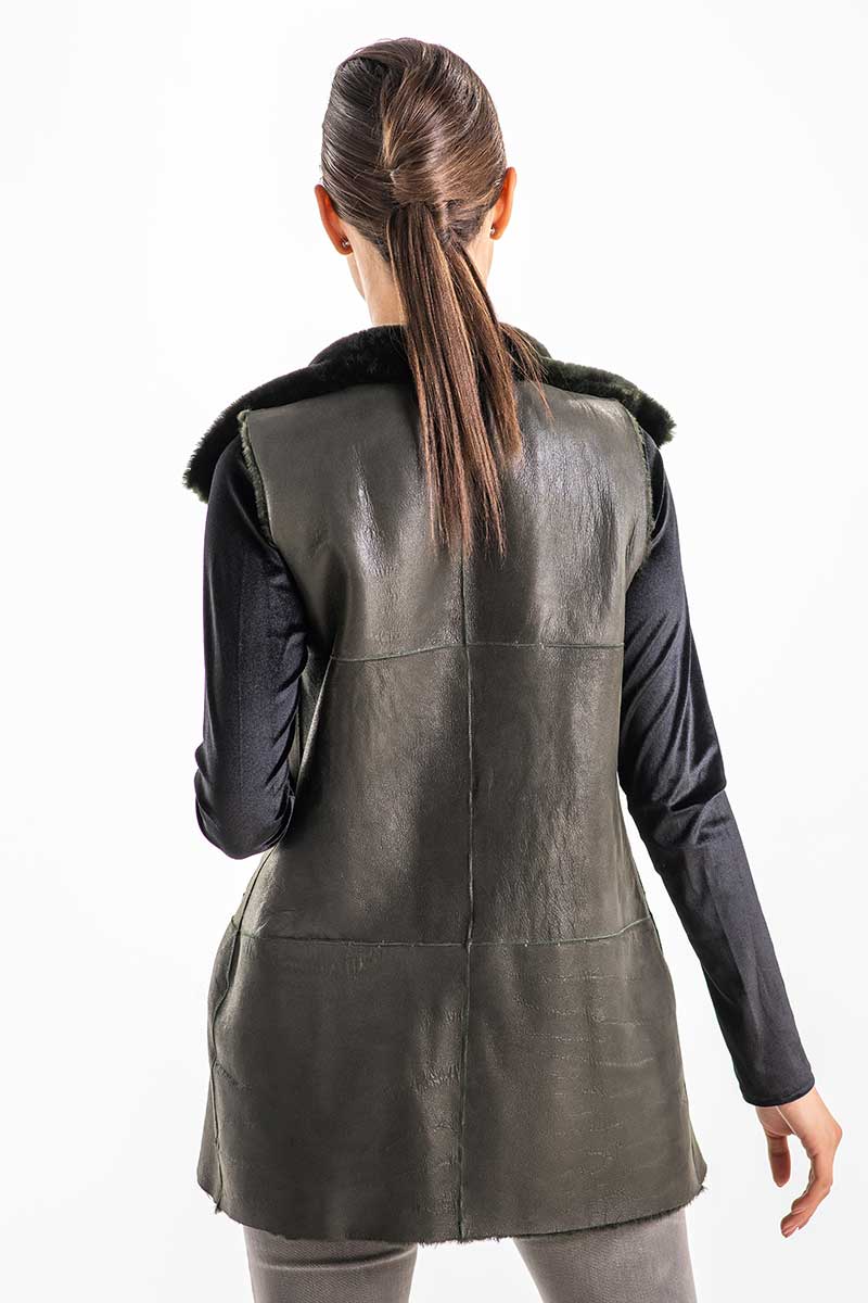 Olive reversible genuine nappa lamb leather mouton fur vest by AA Vesa — view 4