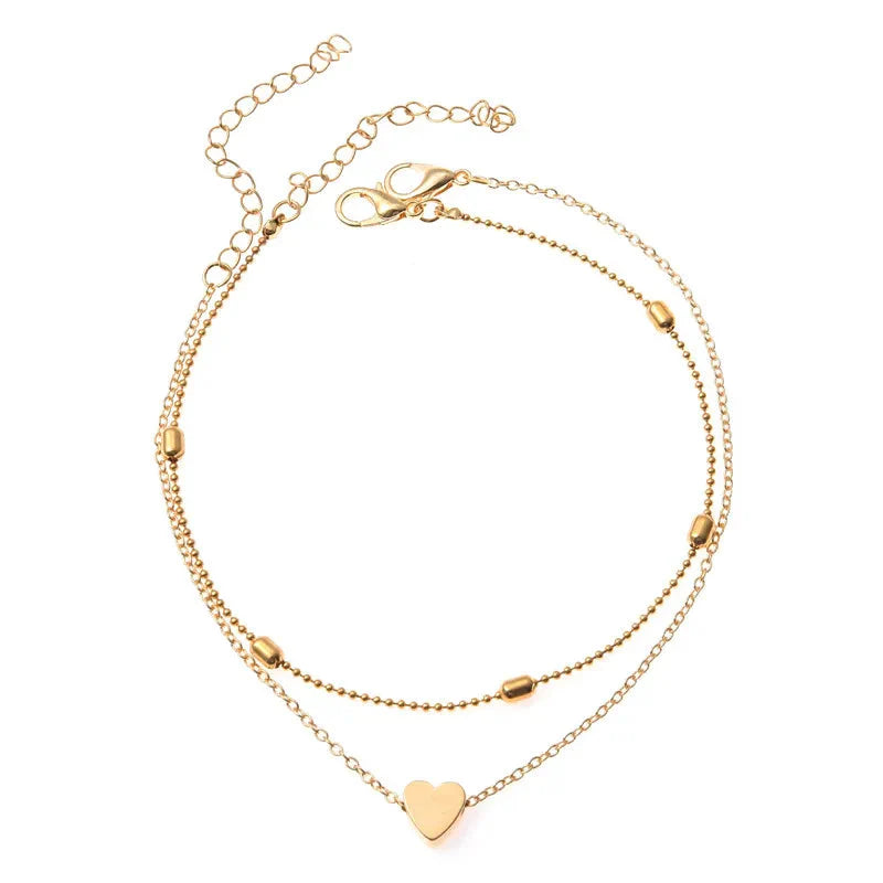 Trendy Beads Multilayer Summer Heart Anklet For Woman Bohemian Vintage Footwear Leg Bracelets 2021 Female Foot Jewelry Gifts New