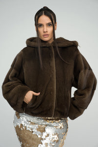 Brown fluffy hooded mink fur coat by AA Vesa