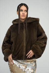 Brown fluffy hooded mink fur coat by AA Vesa — view 3