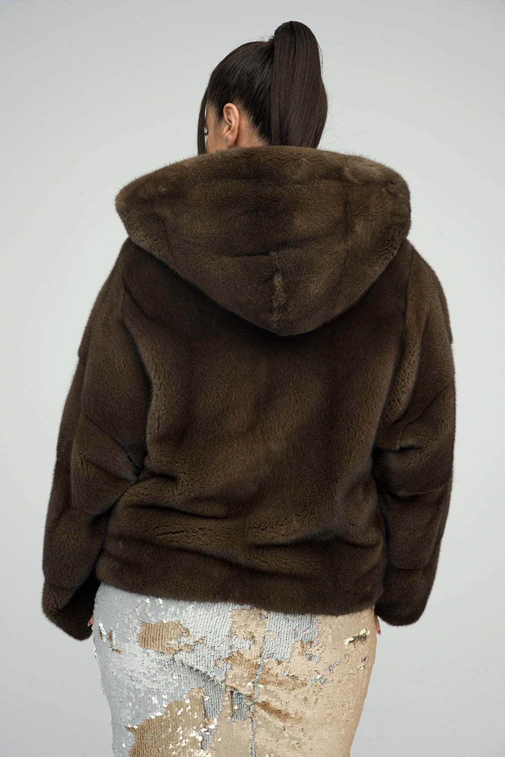 Brown fluffy hooded mink fur coat by AA Vesa — view 2