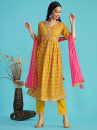 Floral Print Pure Cotton Anarkali Kurta with Mirror Work, Paired with Trouser and Dupatta-0