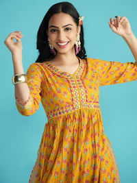 Floral Print Pure Cotton Anarkali Kurta with Mirror Work, Paired with Trouser and Dupatta-1