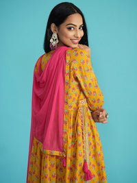 Floral Print Pure Cotton Anarkali Kurta with Mirror Work, Paired with Trouser and Dupatta-2