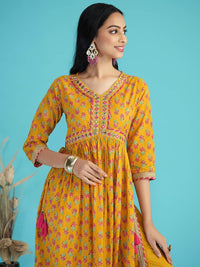 Floral Print Pure Cotton Anarkali Kurta with Mirror Work, Paired with Trouser and Dupatta-3