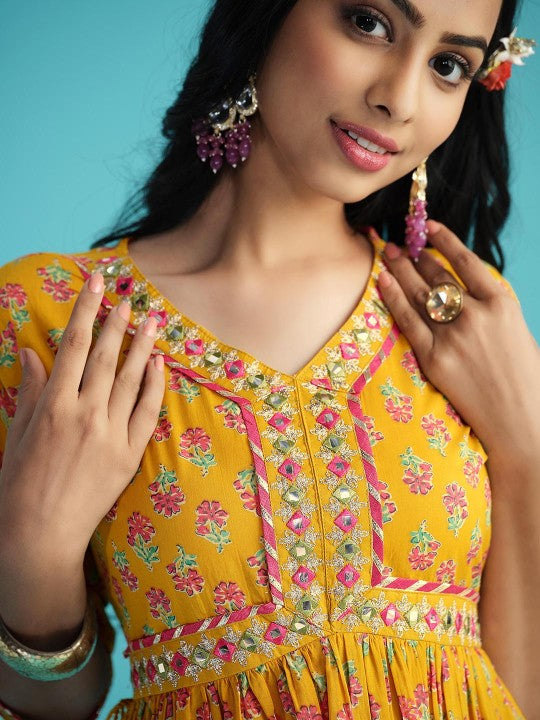 Floral Print Pure Cotton Anarkali Kurta with Mirror Work, Paired with Trouser and Dupatta-4
