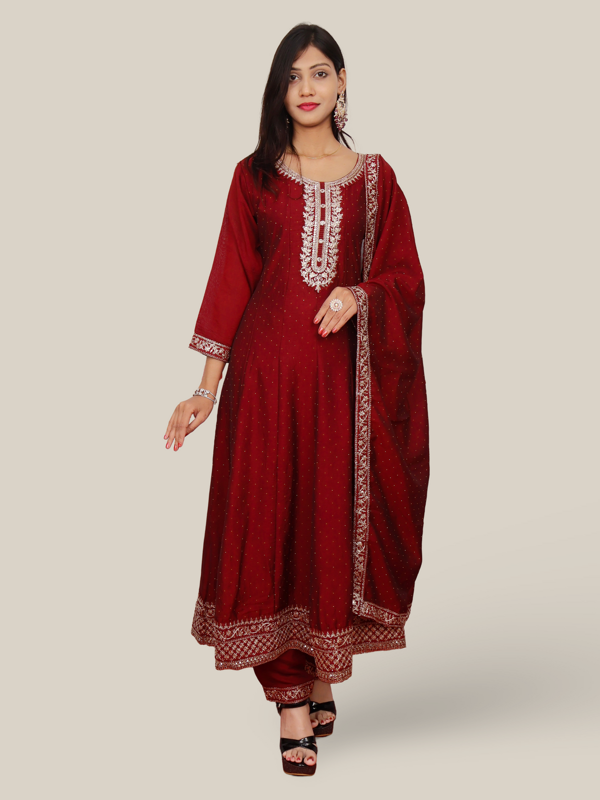 Woman Anarkali Suit Set with Pant-Dupatta-0