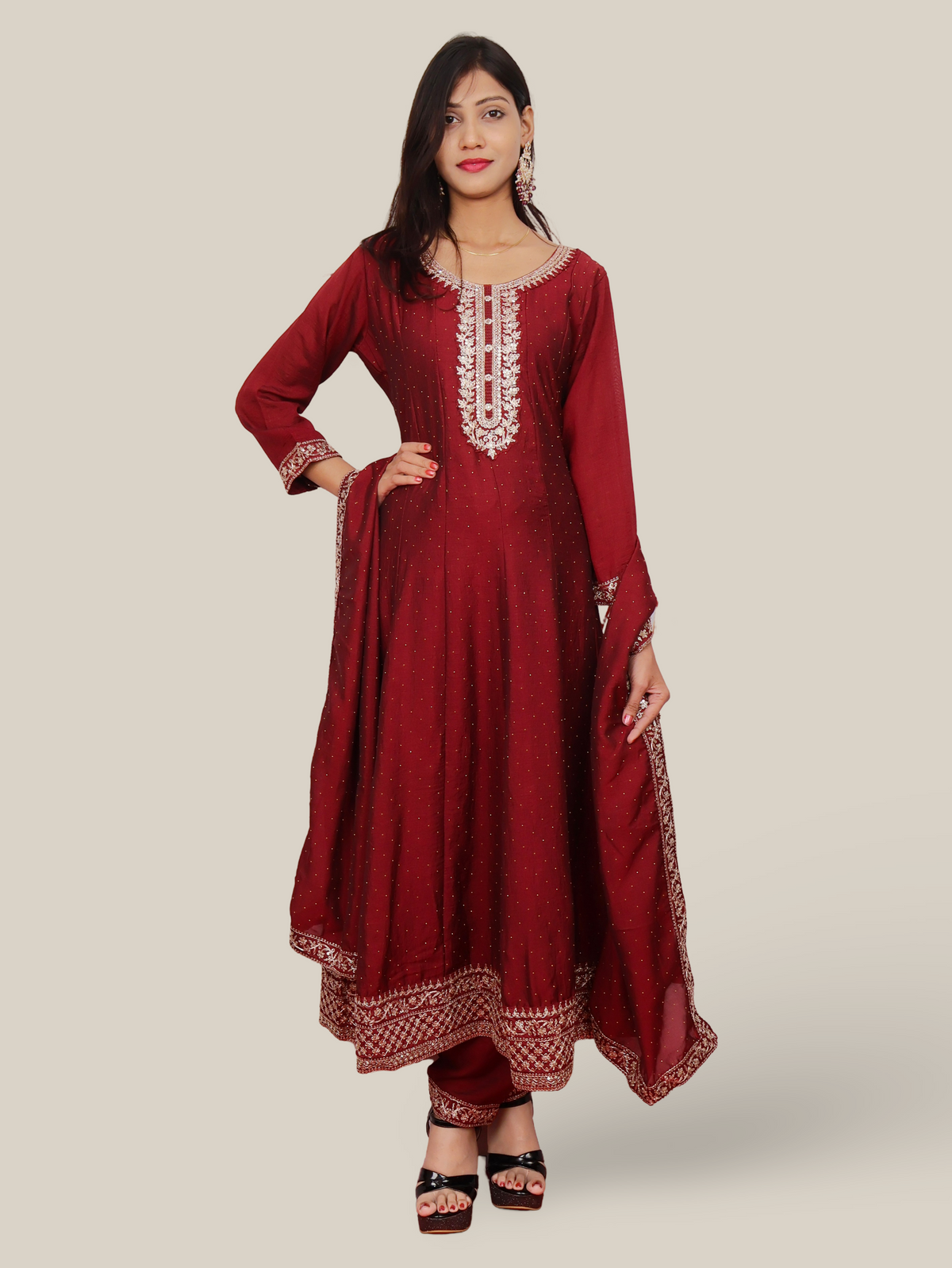 Woman Anarkali Suit Set with Pant-Dupatta-4