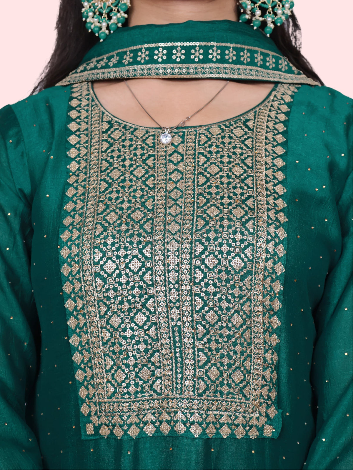 Dark Green Embroidered Straight Suit Set-3