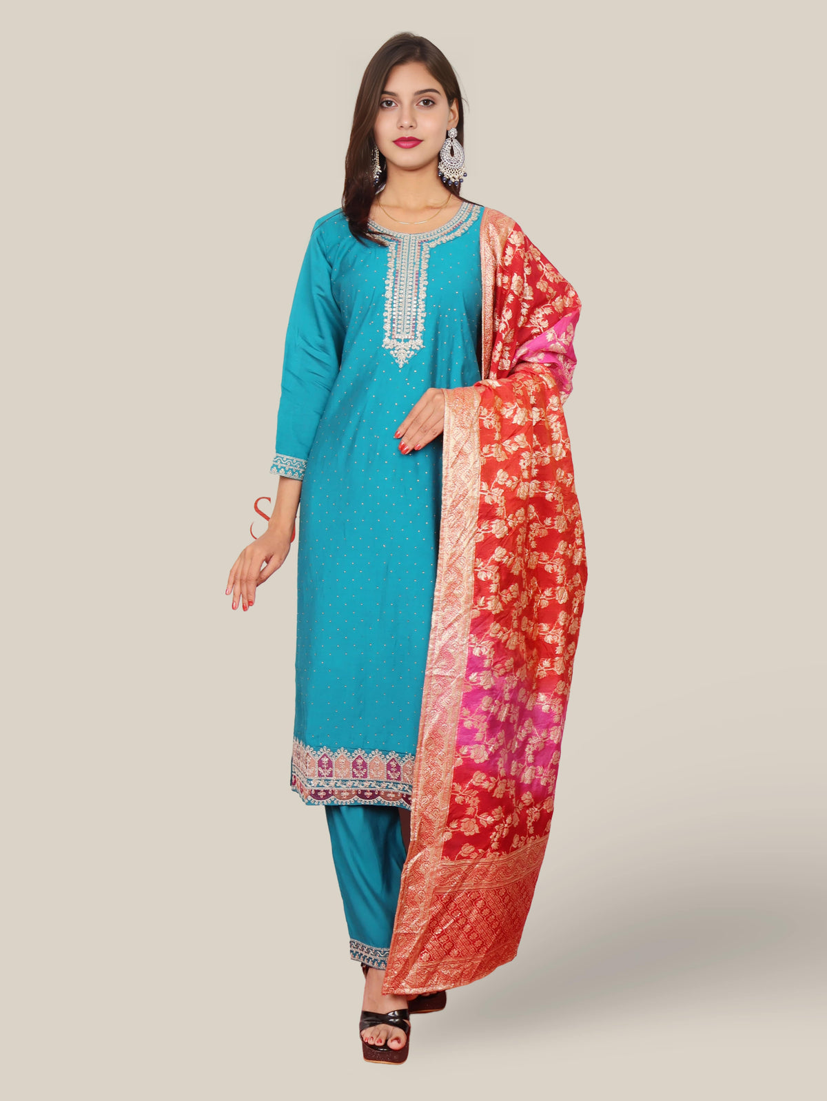 Woman Straight Suit Set with Pant-Dupatta-0