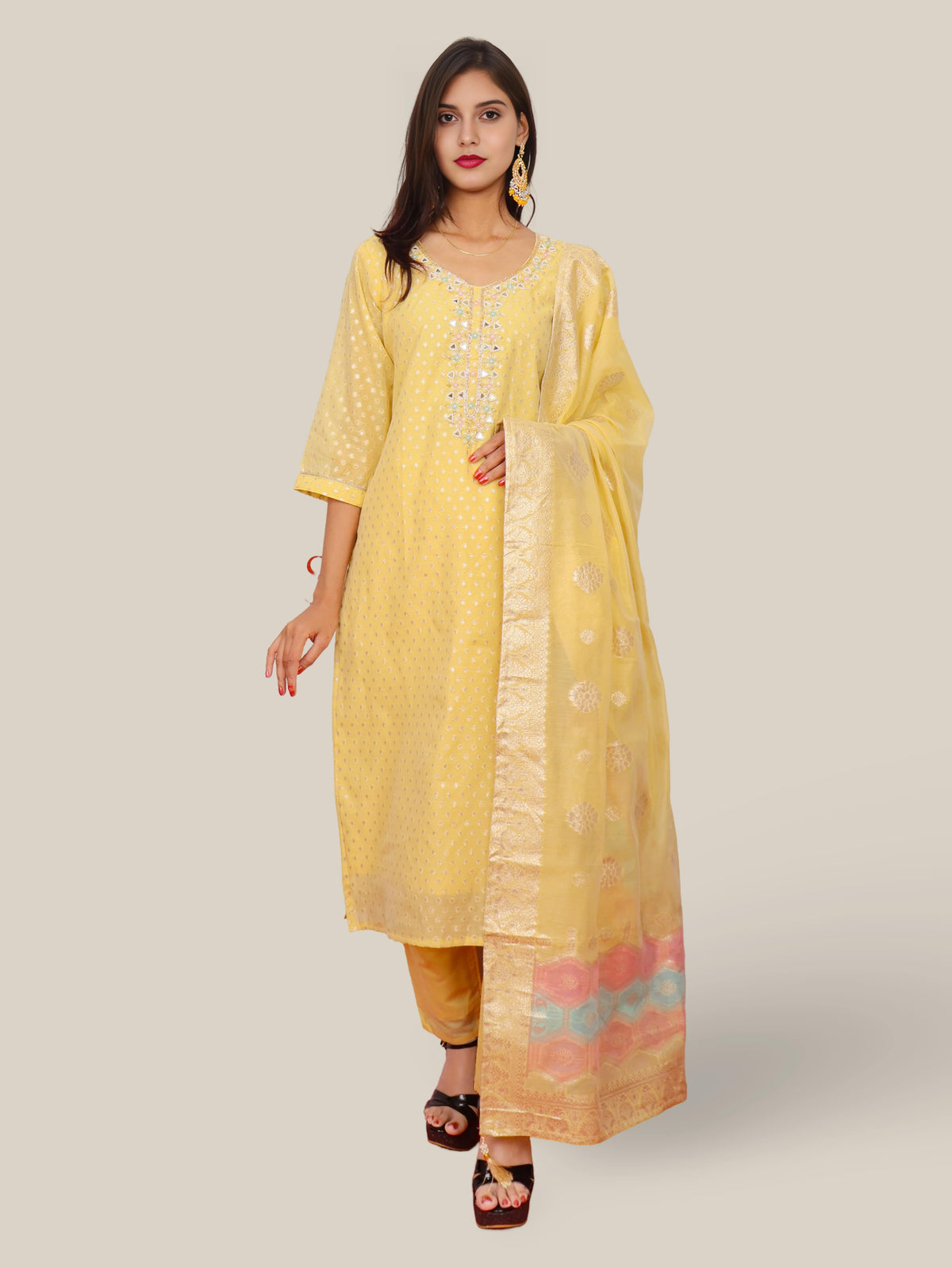 Woman Straight Suit Set with Pant-Dupatta-0