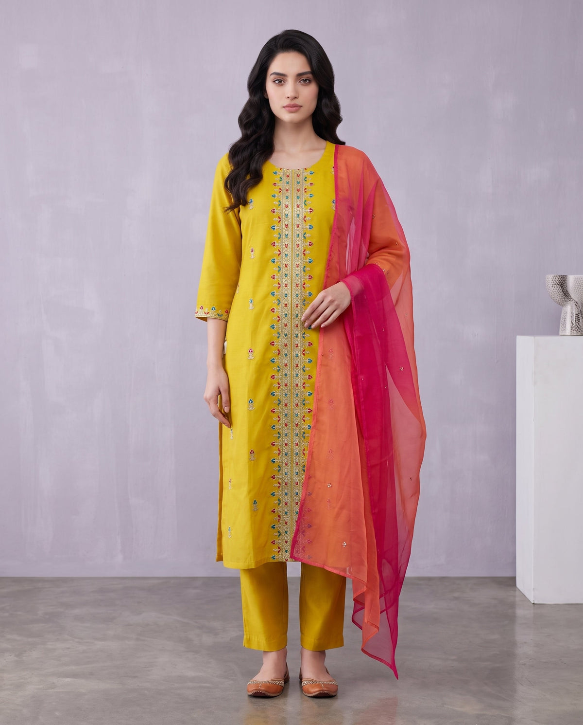 Embroidered Straight Kurta with Pants and Contrast Dupatta-0