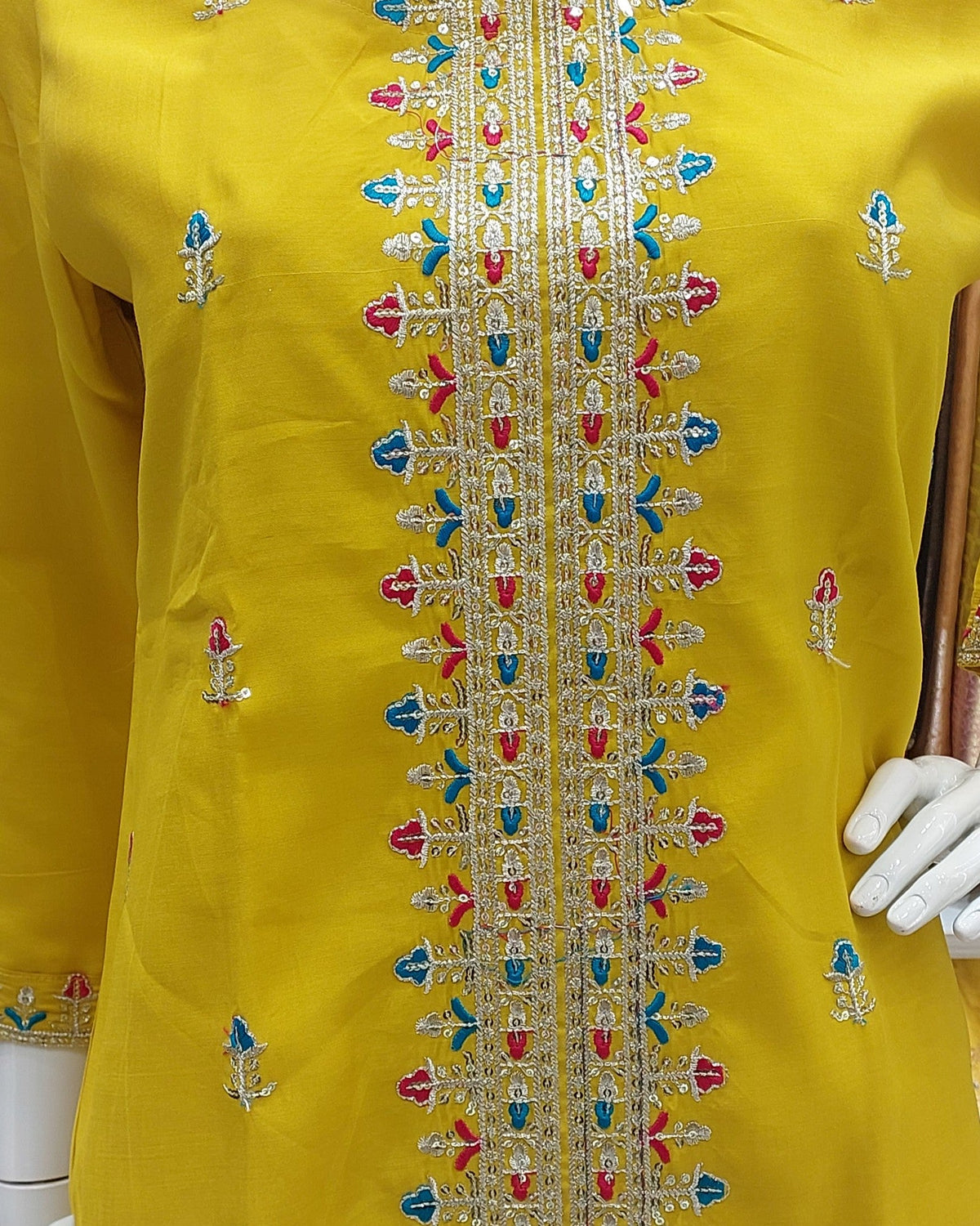 Embroidered Straight Kurta with Pants and Contrast Dupatta-3
