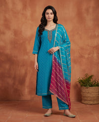 Teal Bandhani Dot Kurta Suit Set with Pearl Zardozi Neck & Ombre Leheriya Dupatta-4