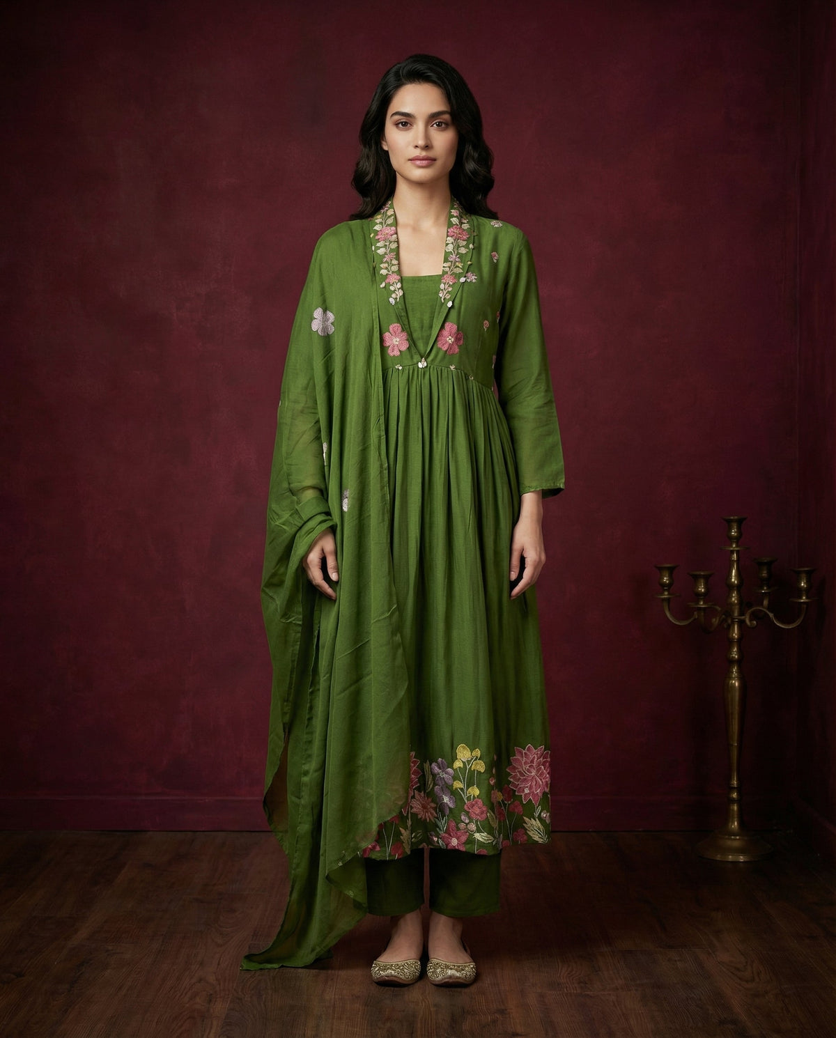 Olive Green Floral Embroidered Anarkali Kurta with Pants Set | Sequin & Embroidery Work-0