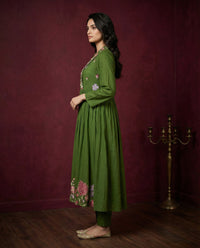Olive Green Floral Embroidered Anarkali Kurta with Pants Set | Sequin & Embroidery Work-2