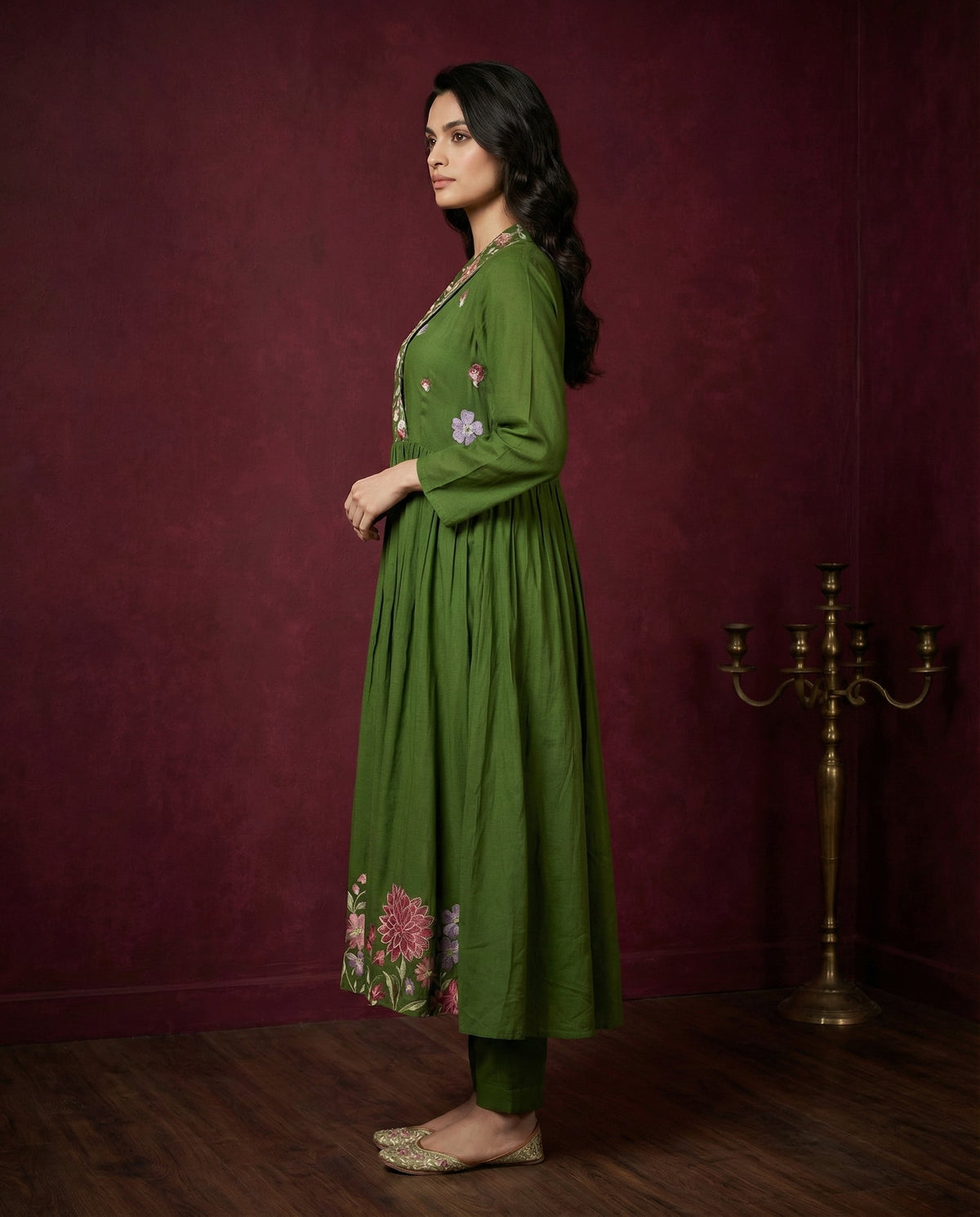 Olive Green Floral Embroidered Anarkali Kurta with Pants Set | Sequin & Embroidery Work-2