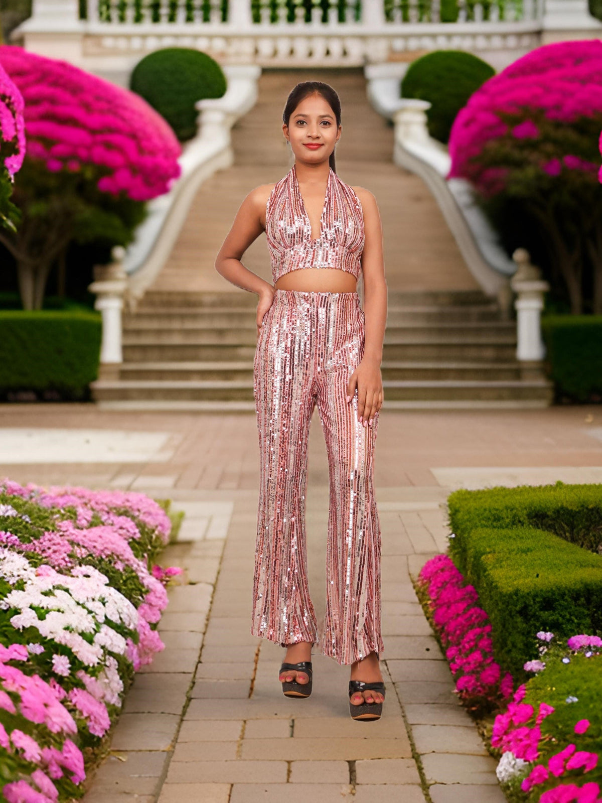 Glamour Halter Neck Sequins Bodycon Co-Ord Set by Shreekama-6