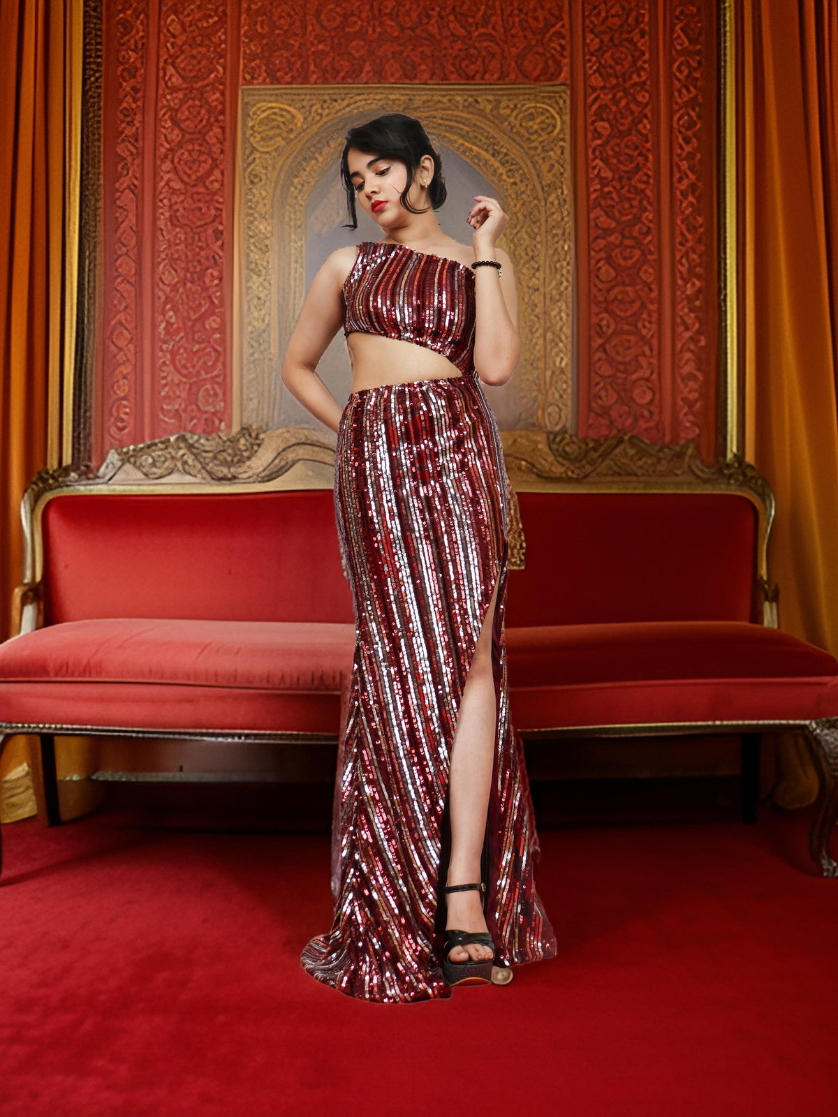 One-Shoulder Sequin Maxi Party Dress by Shreekama-5