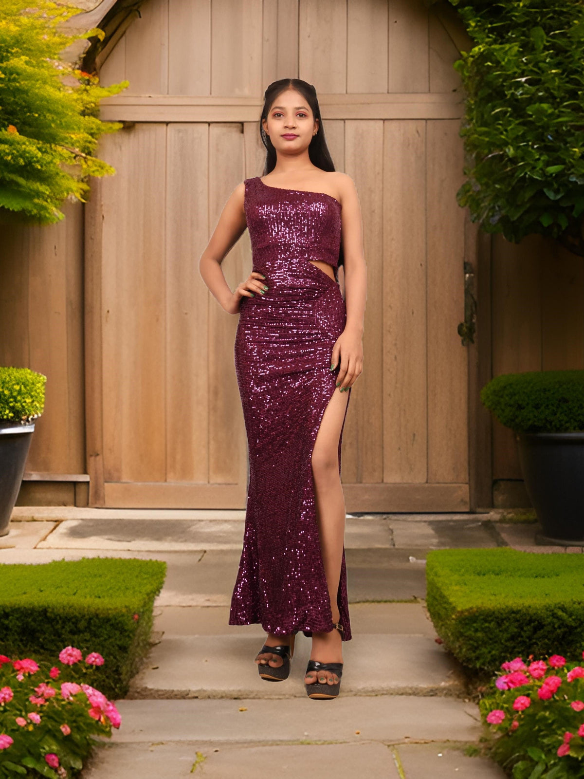 Wine Sequins One-Shoulder Maxi Party Dress by Shreekama-0