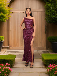 Wine Sequins One-Shoulder Maxi Party Dress by Shreekama-0