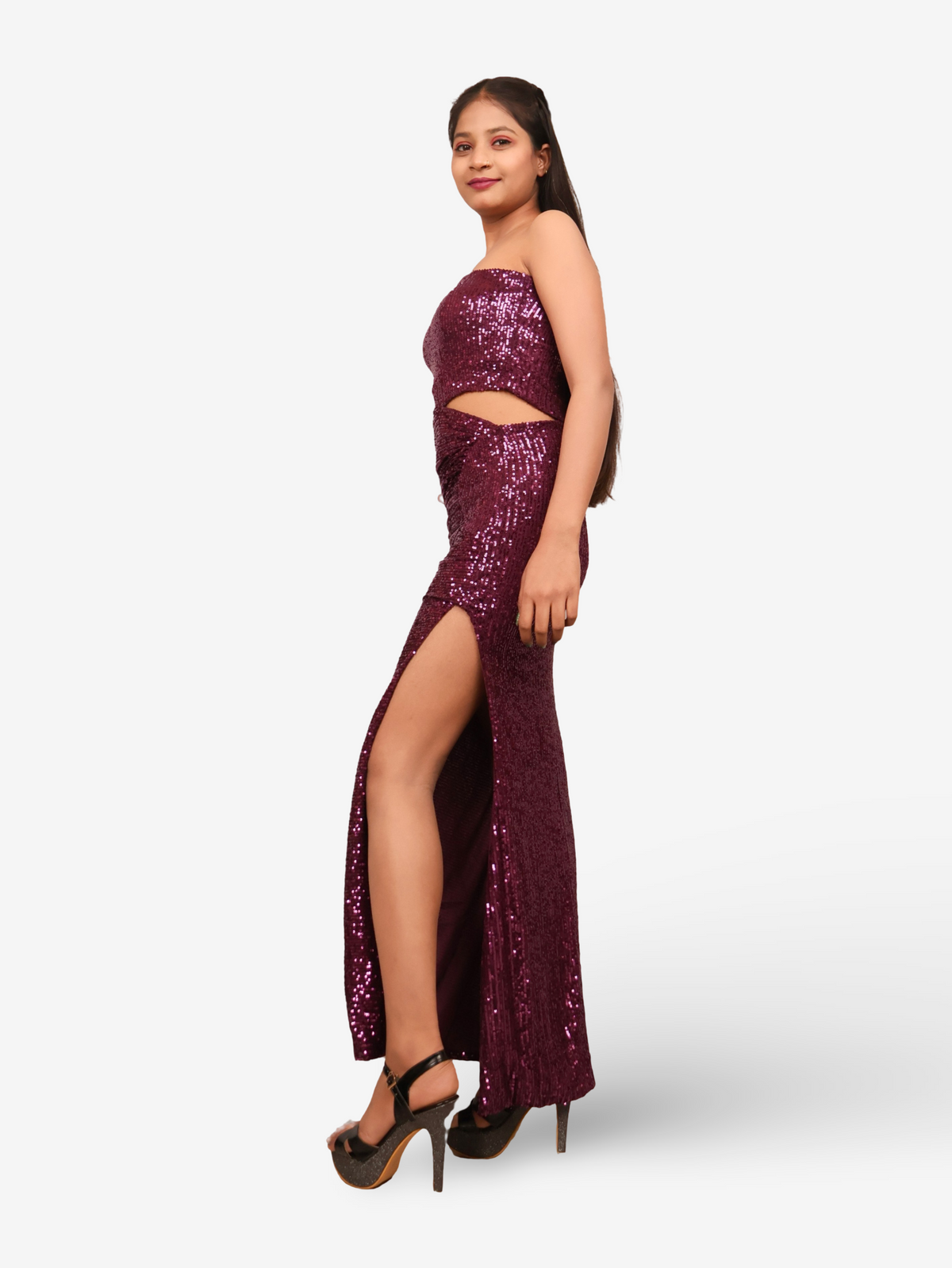 Wine Sequins One-Shoulder Maxi Party Dress by Shreekama-1