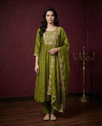 Olive Green Embroidered Kurta Set with Dupatta & Pants | Floral Thread Work