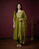 Olive Green Embroidered Kurta Set with Dupatta & Pants | Floral Thread Work