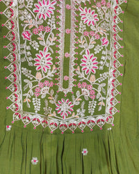 Olive Green Embroidered Kurta Set with Dupatta & Pants | Floral Thread Work