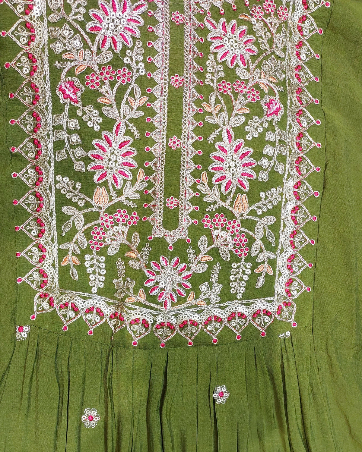 Olive Green Embroidered Kurta Set with Dupatta & Pants | Floral Thread Work