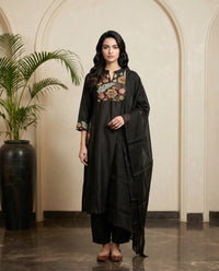 Embroidered Yoke Straight Kurta with Pants and Dupatta Set
